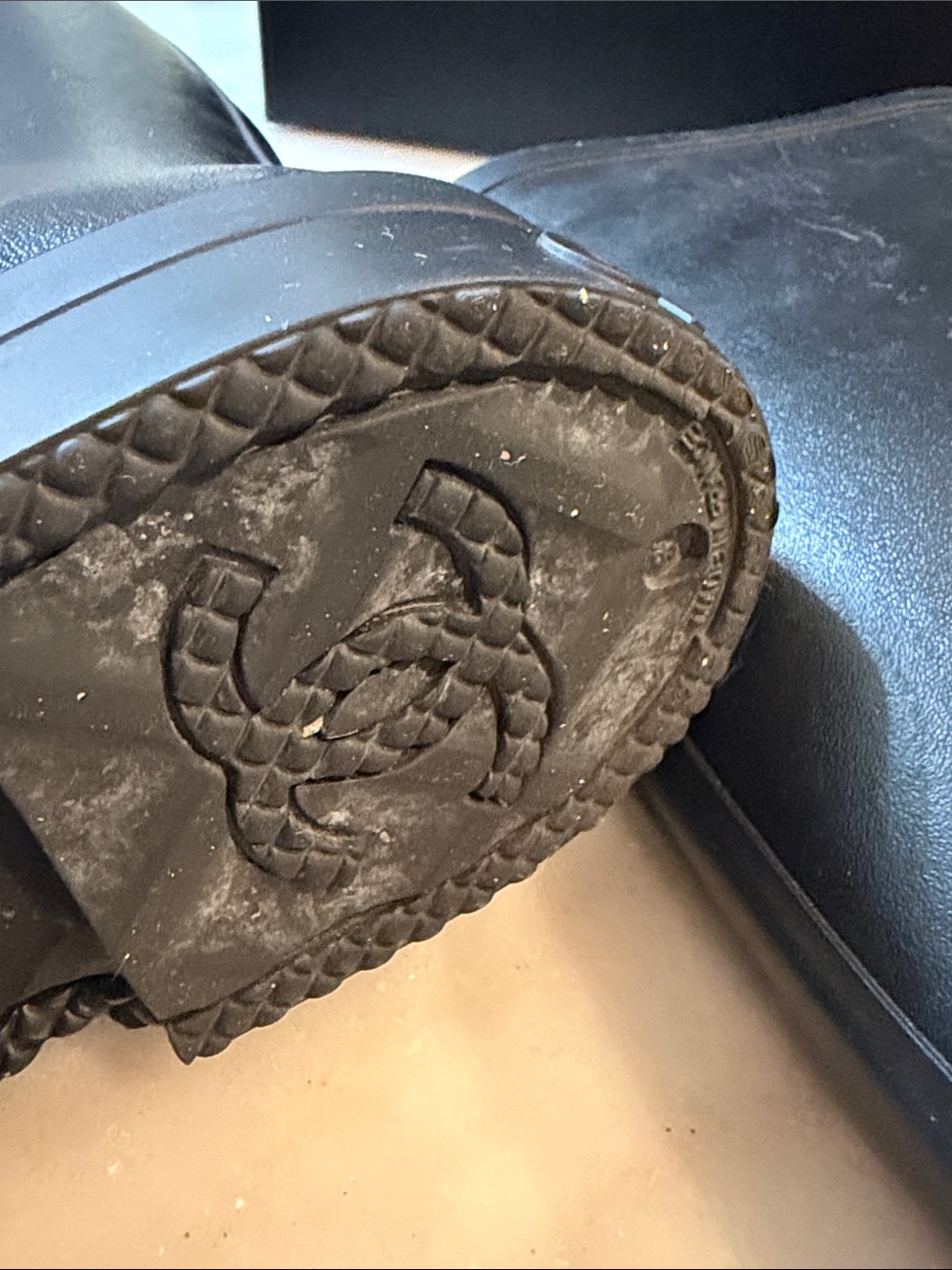CHANEL Black Rain Boots with White CC Logo - Picture 8 of 8